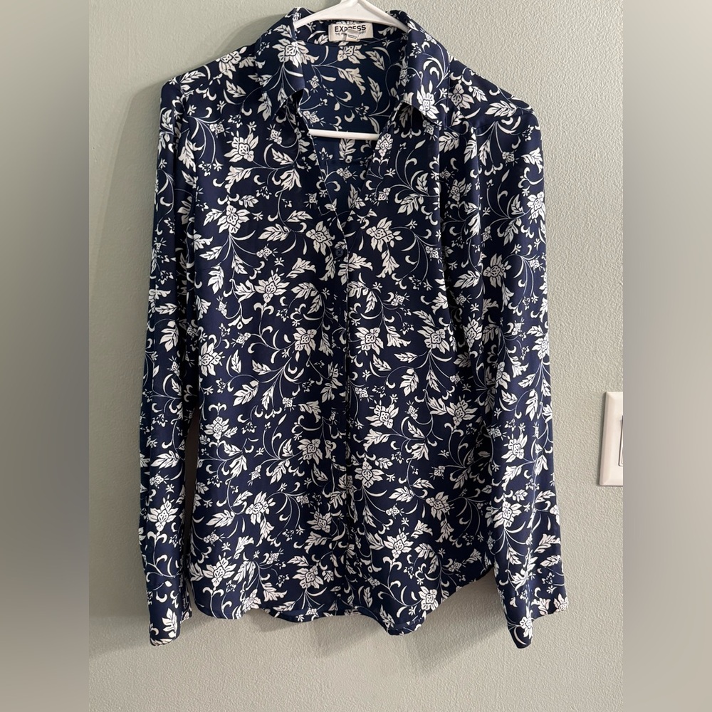 Express Dark Blue and White Floral Button Down Shirt